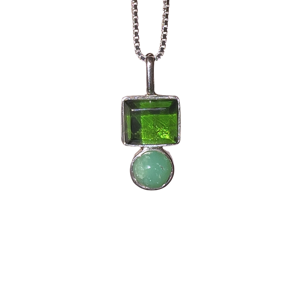 Circle + Square Necklace - VTG Gold-Infused Glass, Chrysoprase